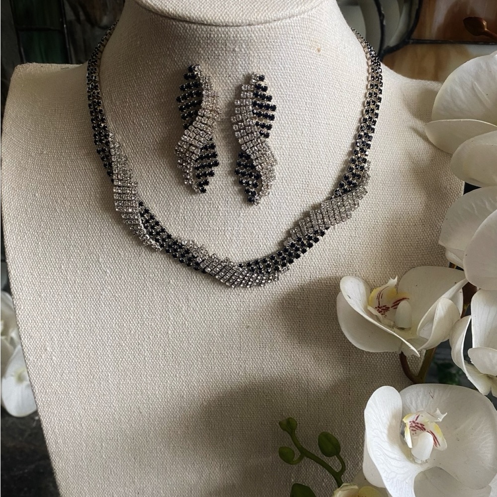 Vintage Braided Black and White Bejeweled Necklace and Earrings Set